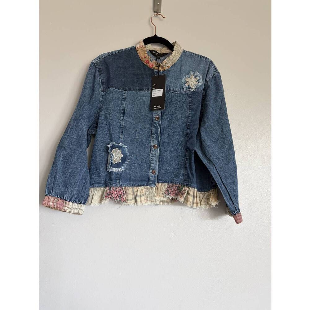 NEW YOUNG THREADS women's lightweight with ruffles and flowers jean jacket in de